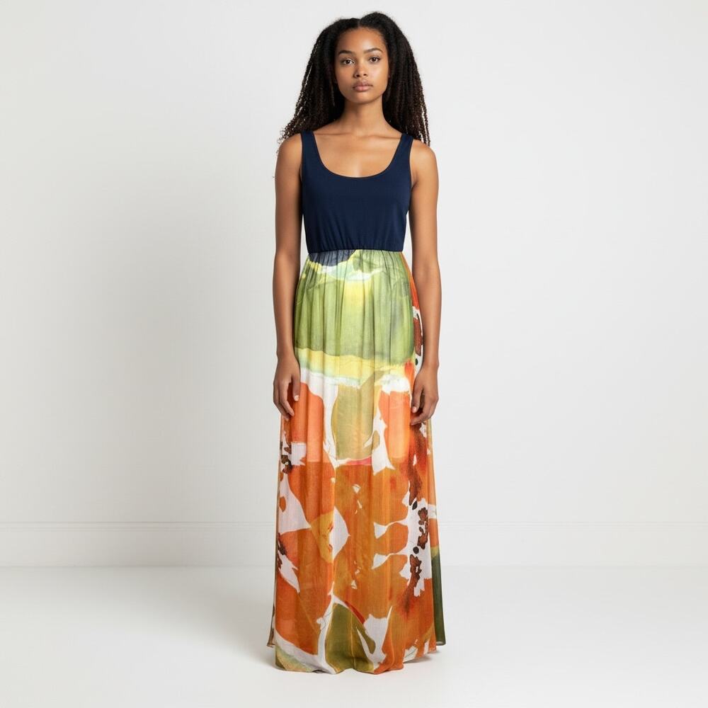 Alice + Olivia Navy Floral Print Sleeveless Maxi Dress Size XS Scoop Back
